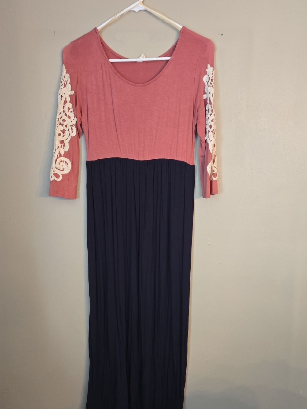 Pinkblush - Pink and Navy Maxi Dress with Lace Sleeve Detail